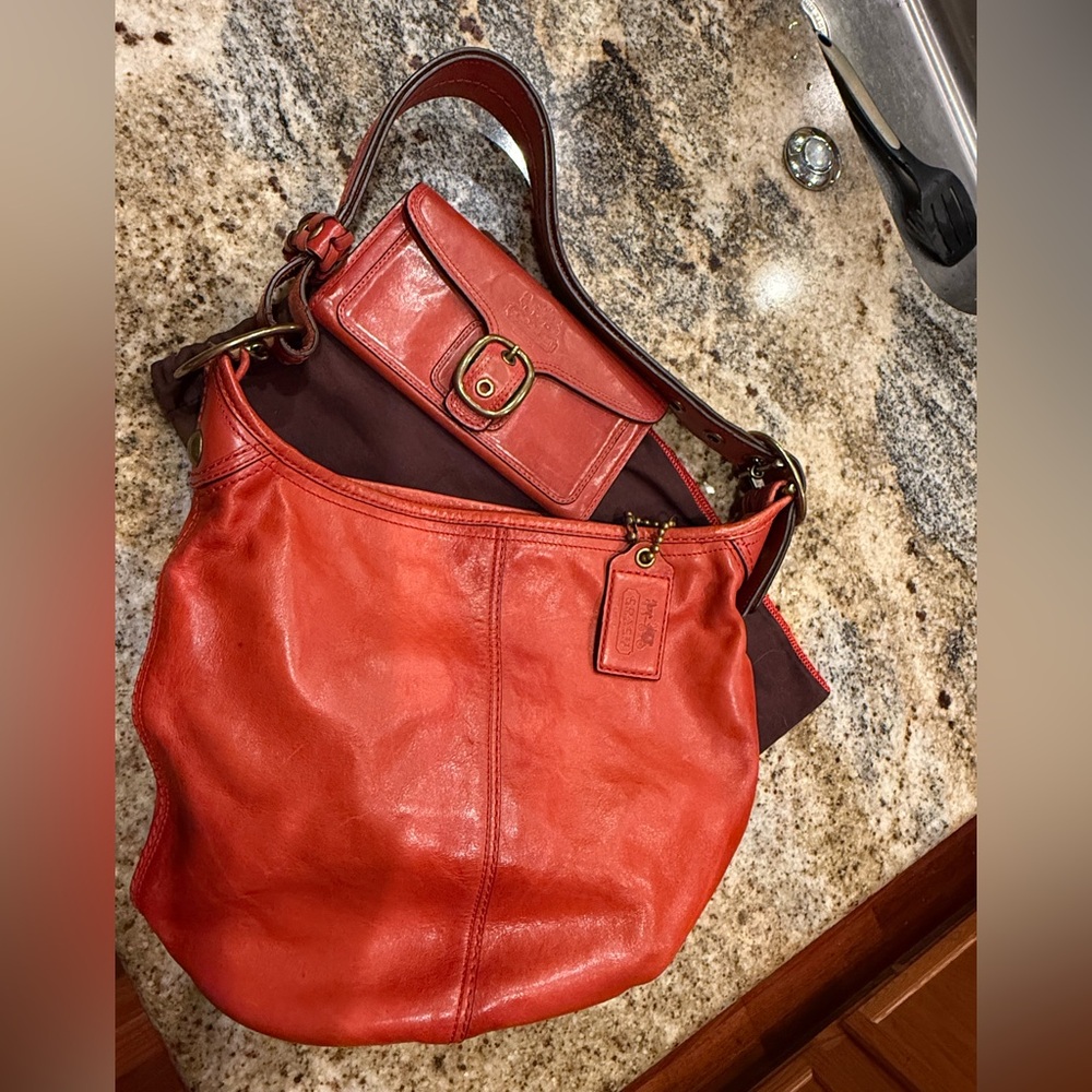 Coach Bleecker Tattersall Leather Bucket shoulder bag 11422 & Wallet Chili Rare